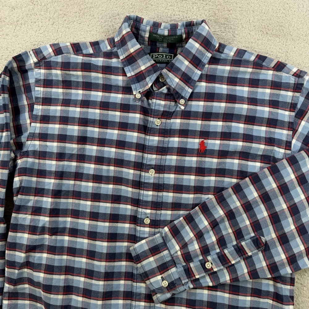 VTG Polo Ralph Lauren Shirt Men XL (Fits Medium) Blue Plaid Button Down Pony